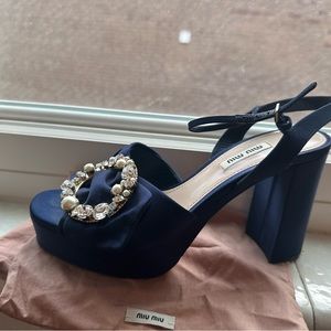 Miu Miu Navy Satin Crystal Embellished Block Heel Ankle Strap Platform Sandals